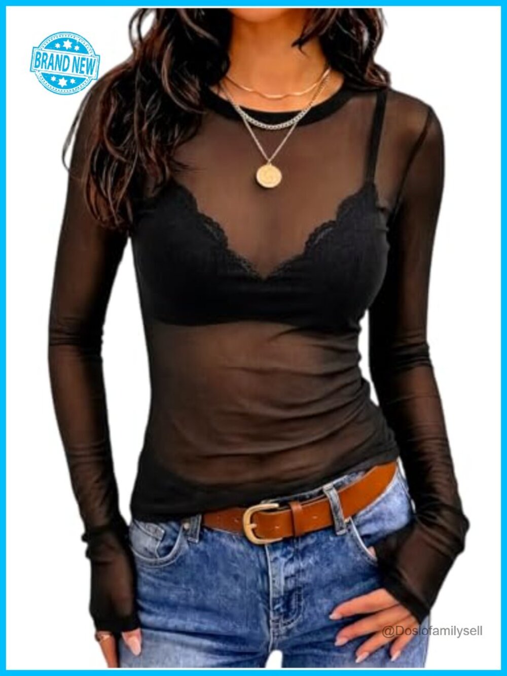 Sheer Mesh Top Crew Neck Long Sleeve Slim Fit Club Shirt